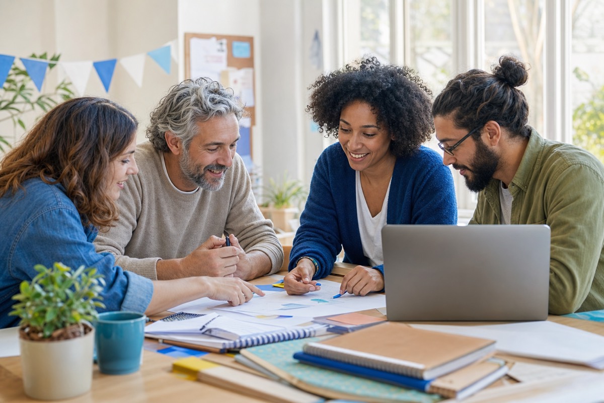 Équipe de bénévoles préparant un projet associatif