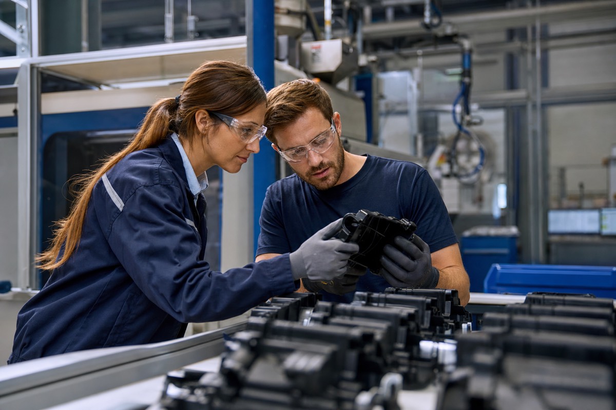 Ingénieure et technicien dans un atelier industriel